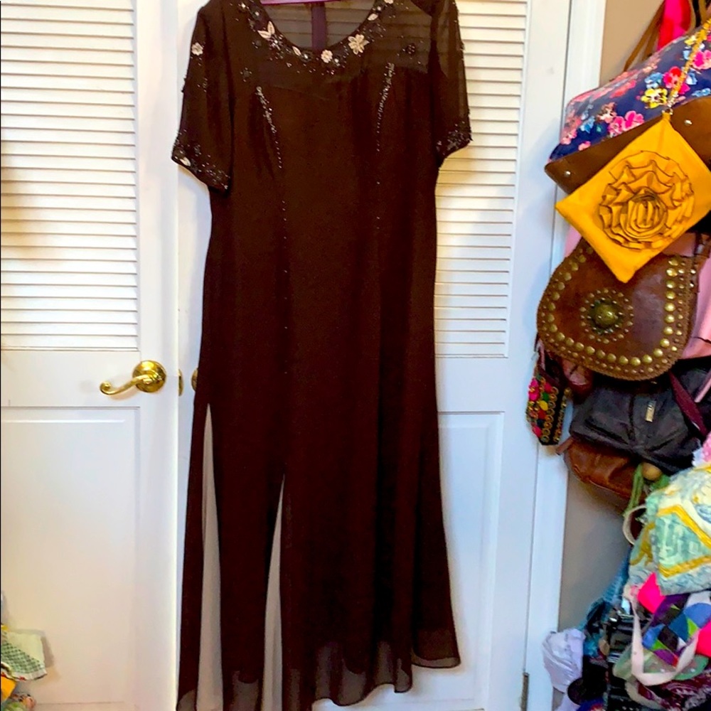 Long brown dress with sequin accents